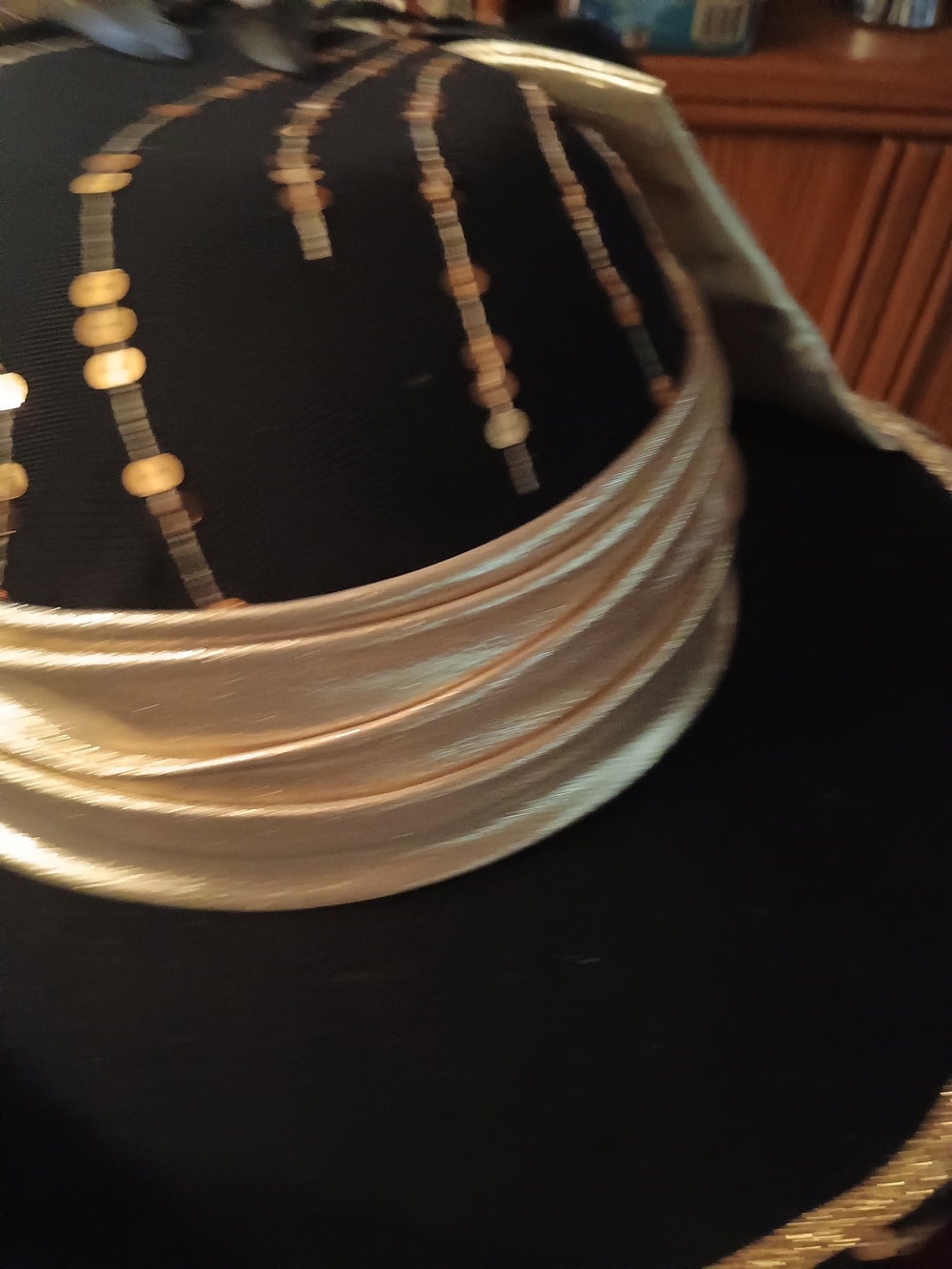 Black and Gold Beaded Women's Hat with Metallic Gold Band